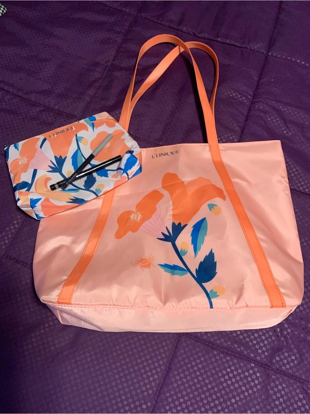 Clinique Peach and Blue Floral Tote with Matching Cosmetic Pouch